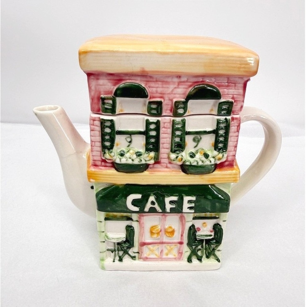 Cafe Teapot House Shaped Canister Cookie Jar Novelty House Bistro Kitchen Decor